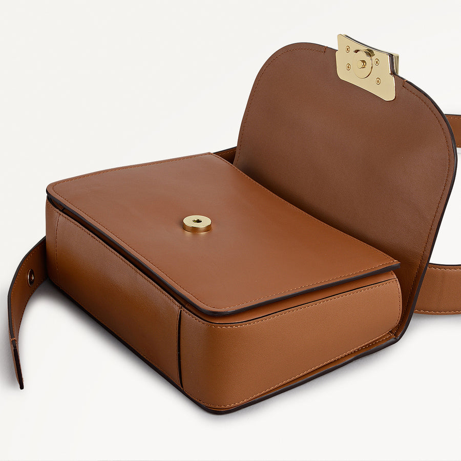 The Belsize Leather Small Flapover Shoulder Bag in Toffee - 112265