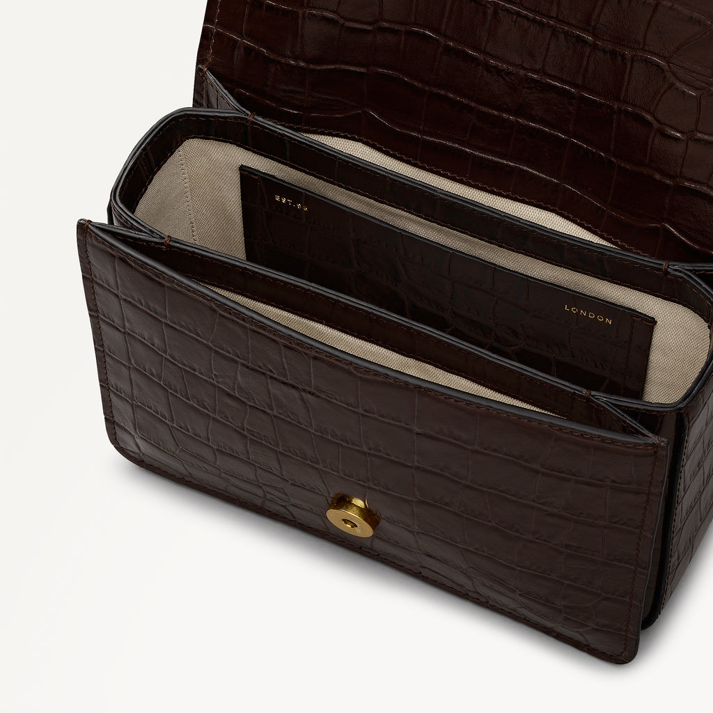 The Belsize Leather Small Flapover Shoulder Bag in Dark Oak - 112266