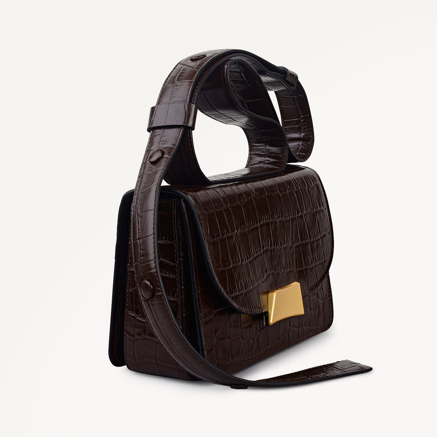 The Belsize Leather Small Flapover Shoulder Bag in Dark Oak - 112266