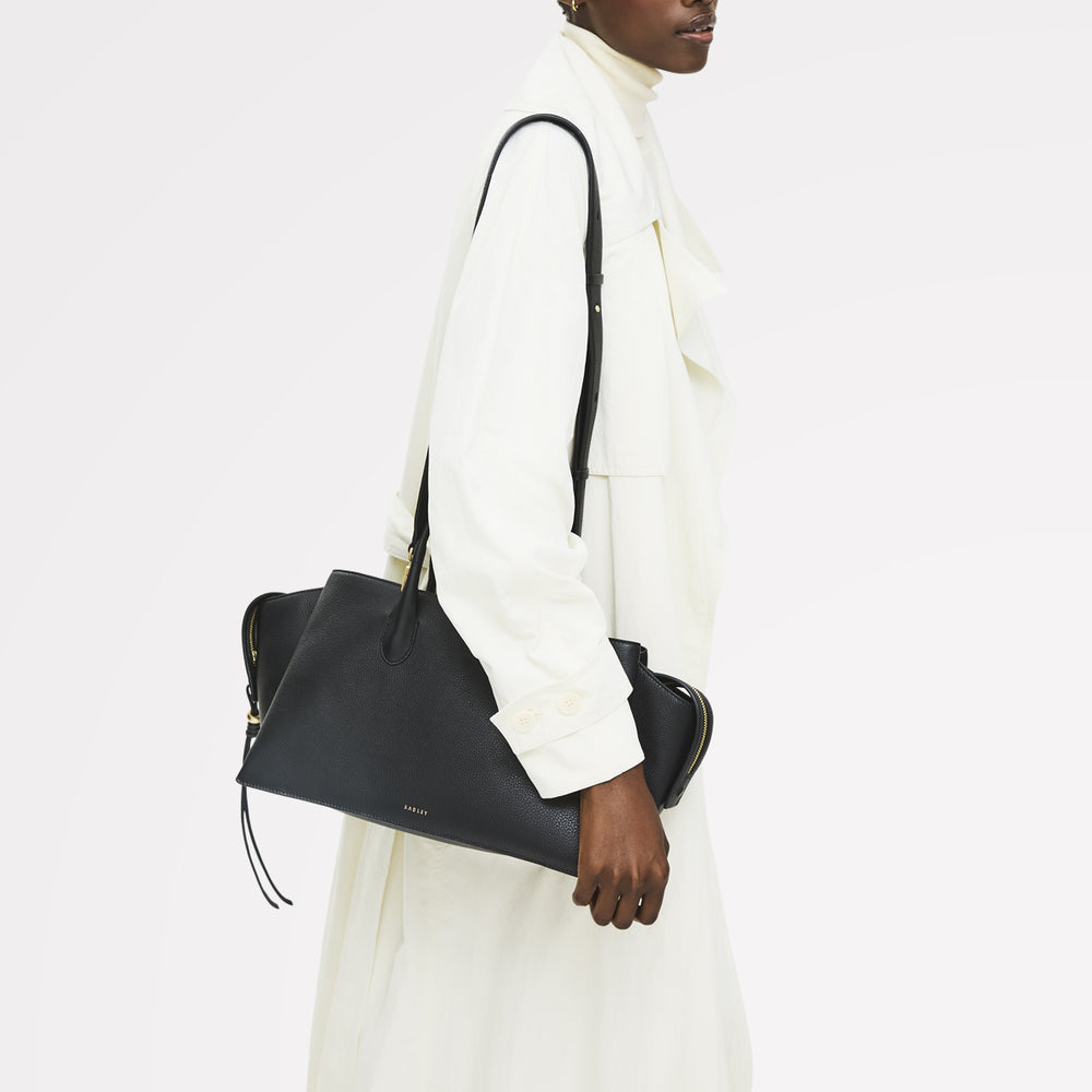 The Romilly Leather Large Ziptop Satchel Bag in Black - 112269