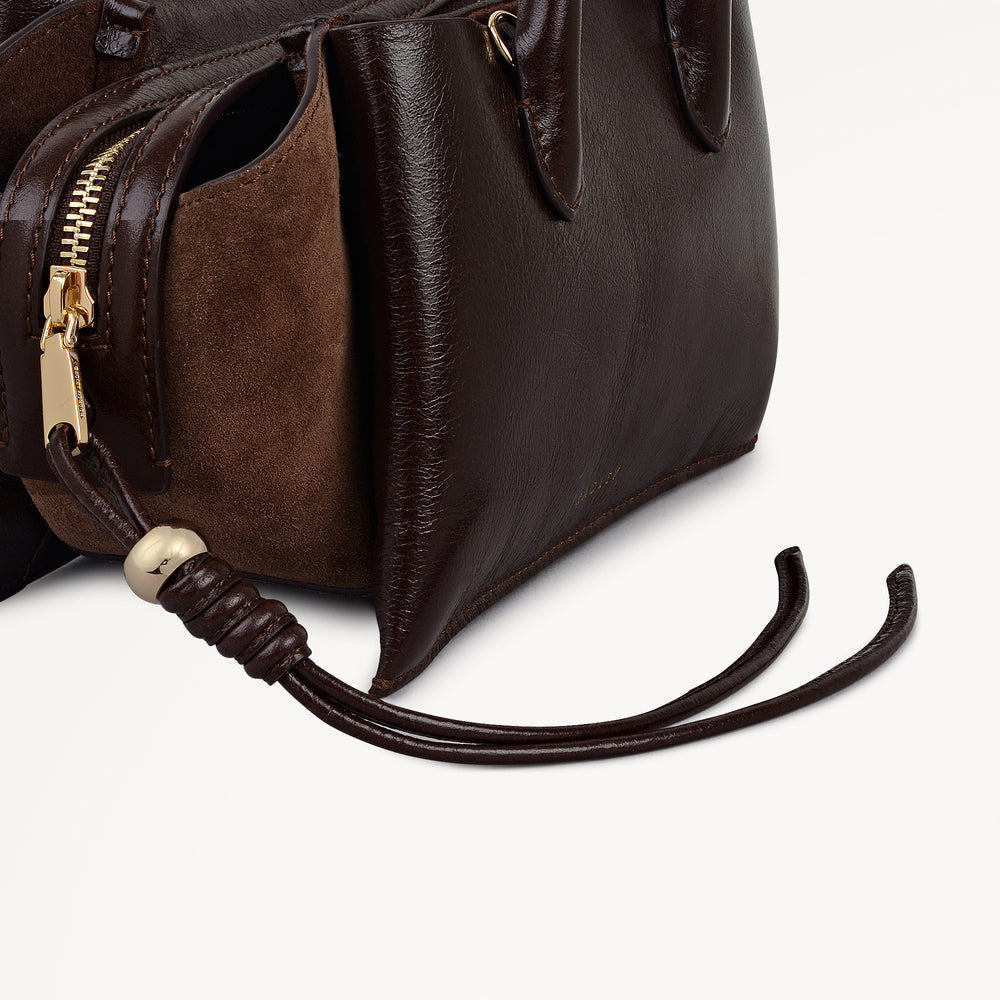 The Romilly Leather Small Ziptop Satchel Bag in Dark Oak - 112272