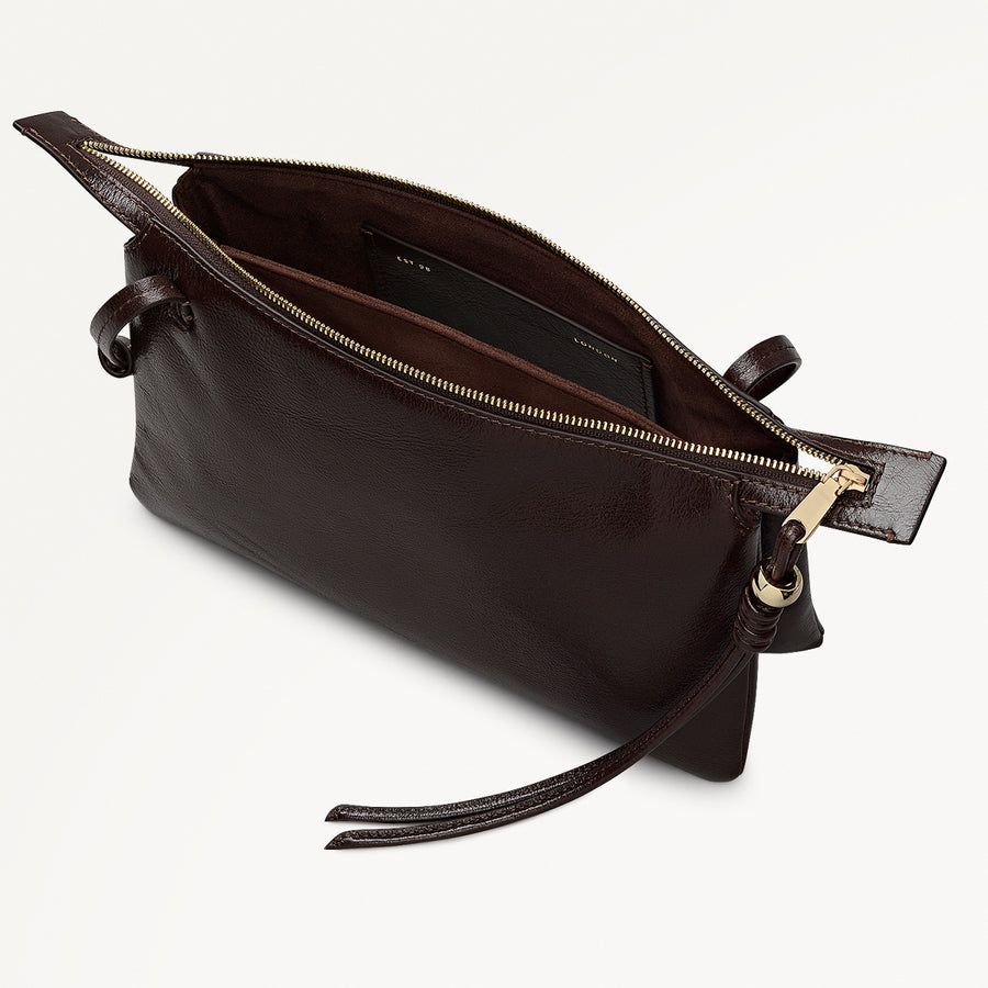 The Romilly Leather Medium Ziptop Cross Body Bag in Dark Oak - 112273