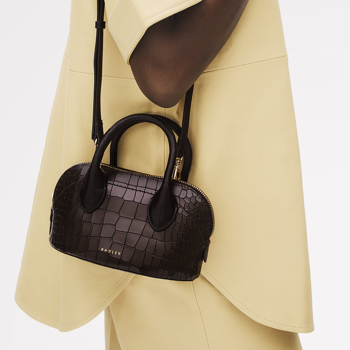 The Muriel Leather Micro Ziptop Satchel Bag in Dark Oak - 112298