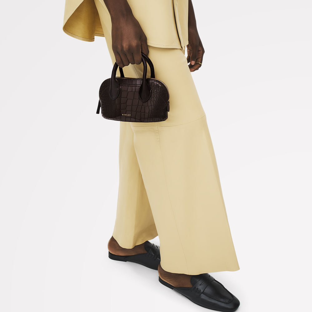 The Muriel Leather Micro Ziptop Satchel Bag in Dark Oak - 112298