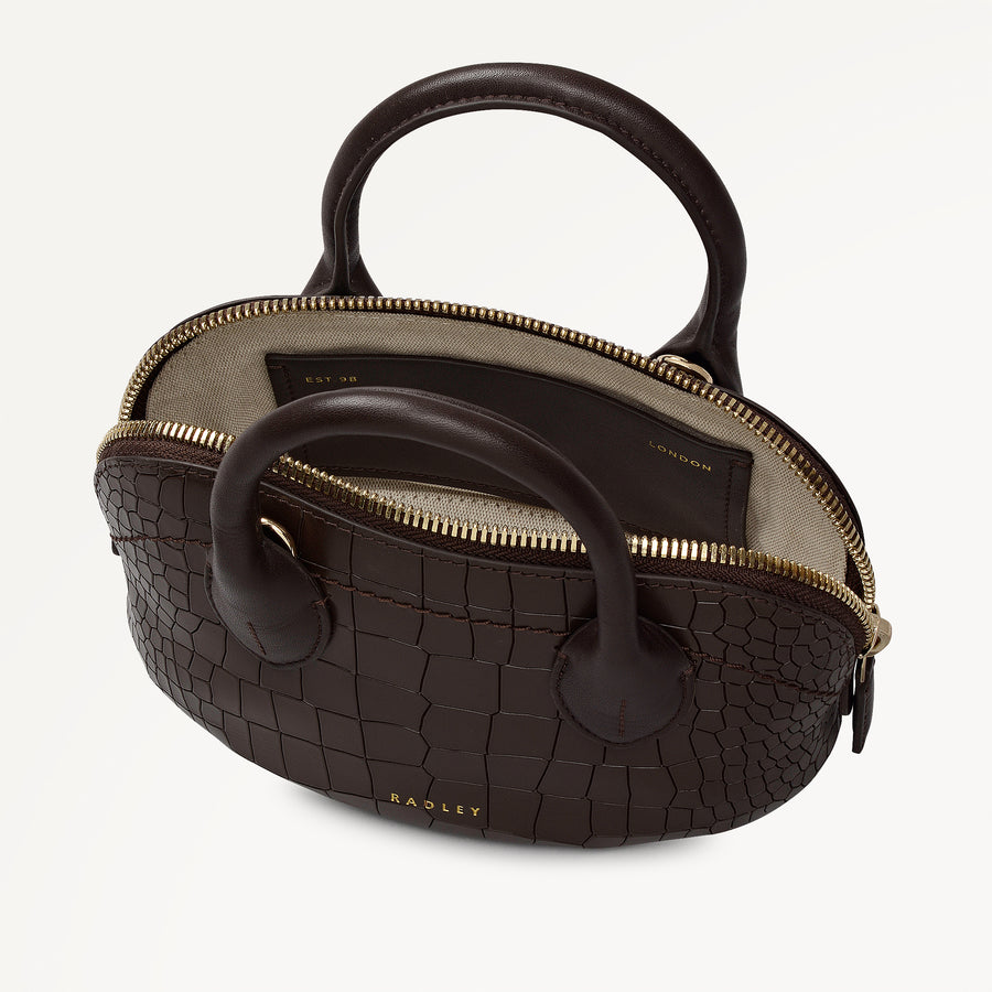 The Muriel Leather Micro Ziptop Grab Bag in Dark Oak - 112298