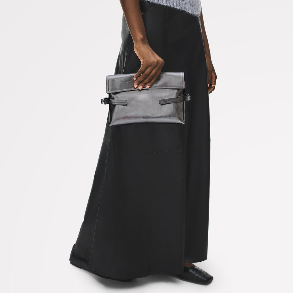 Fleet Street Leather Medium Flapover Clutch Bag in Silver - 112307