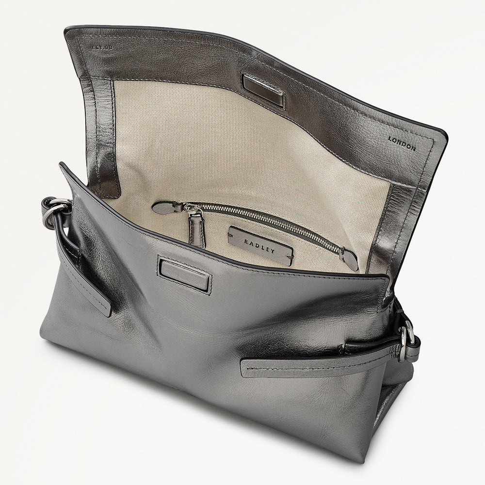 Fleet Street Leather Medium Flapover Clutch Bag in Silver - 112307