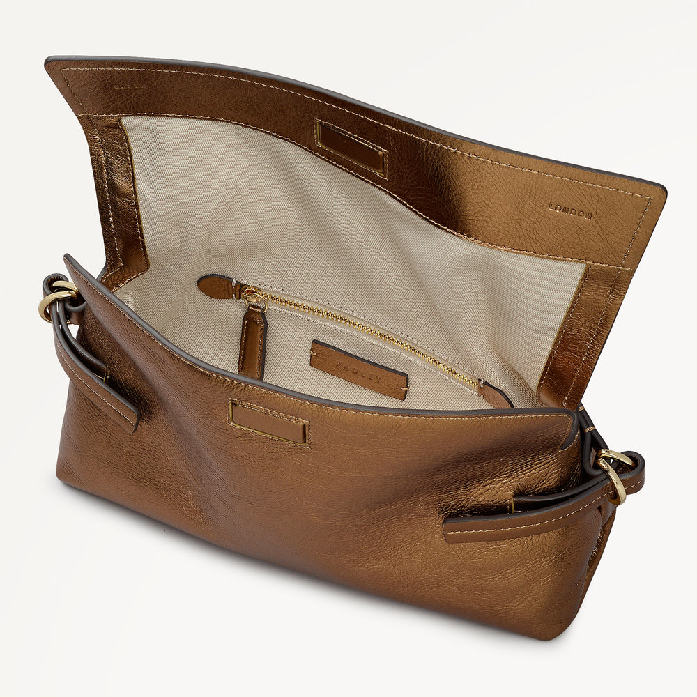 Fleet Street Leather Medium Flapover Clutch Bag in Olive Gold - 112308