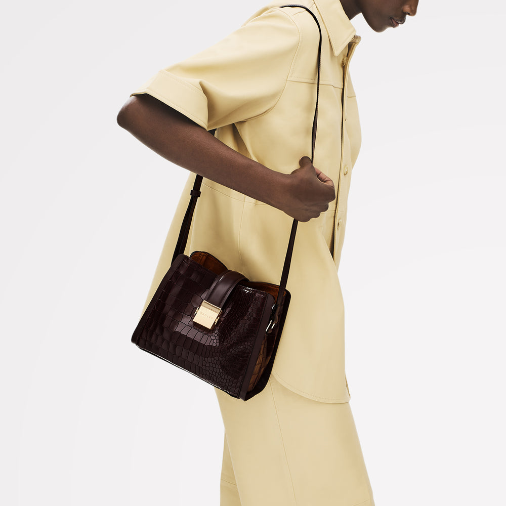 SLOANE MEWS - FAUX CROC SMALL ZIPTOP CROSS BODY DARK OAK