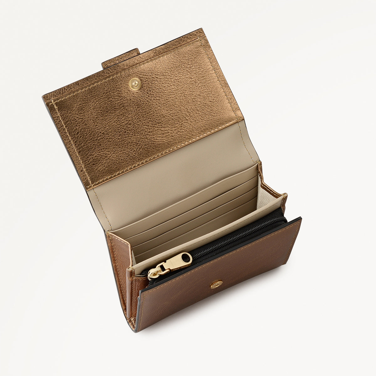 SLOANE MEWS - METALLIC MEDIUM FLAPOVER wallet OLIVE GOLD