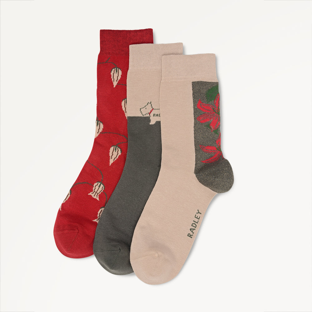 Winter Floral Fabric Sock Set in Pine Needle - 112476