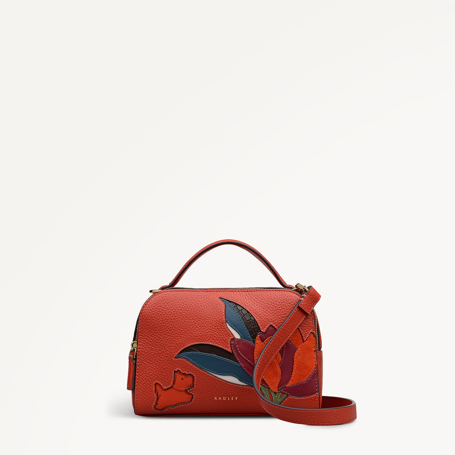 Nature Blooms Leather Small Ziptop Cross Body Bag in Flame - 112765