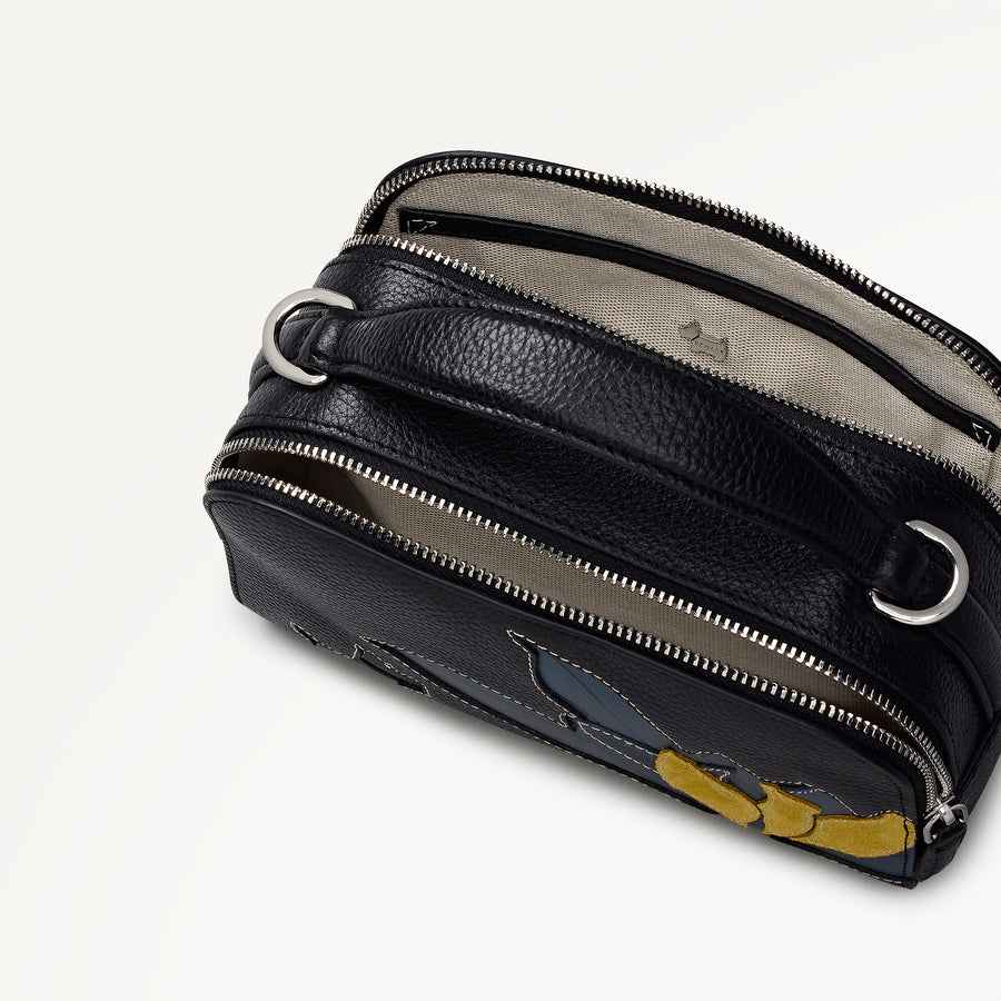 Nature Blooms Leather Small Ziptop Cross Body Bag in Black - 112766