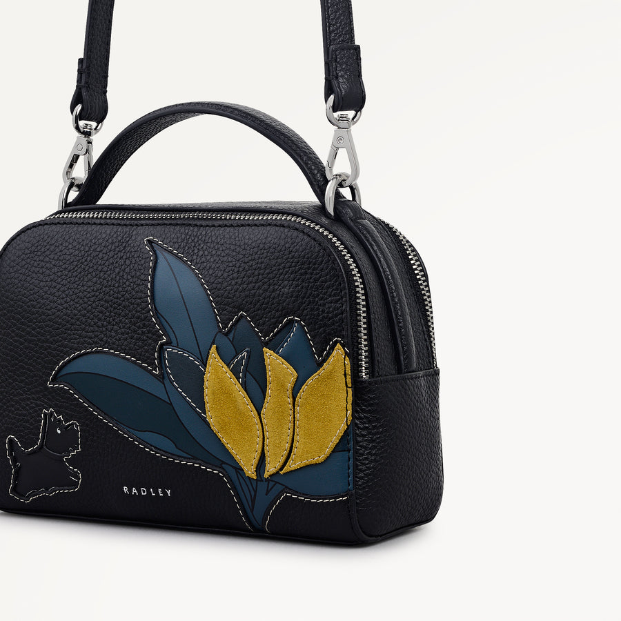 Nature Blooms Leather Small Ziptop Cross Body Bag in Black - 112766