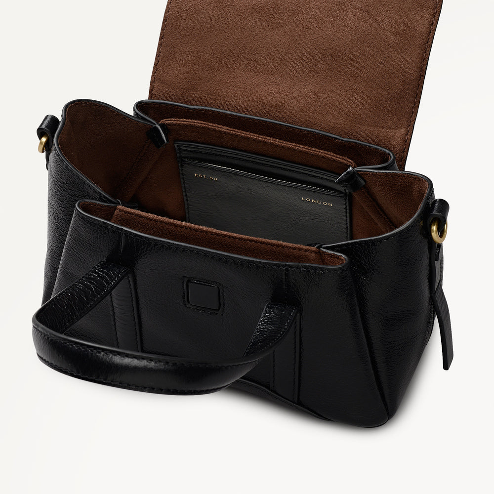The Chancery - High Shine Small Flapover Satchel Black - 113037