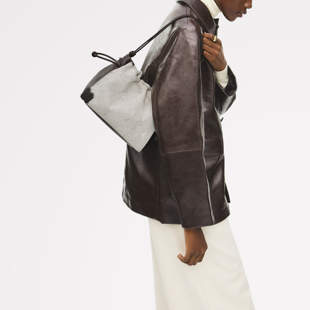 The Roxburgh - Cow Hide Medium Drawstring Cross Body Dark Oak - 113070