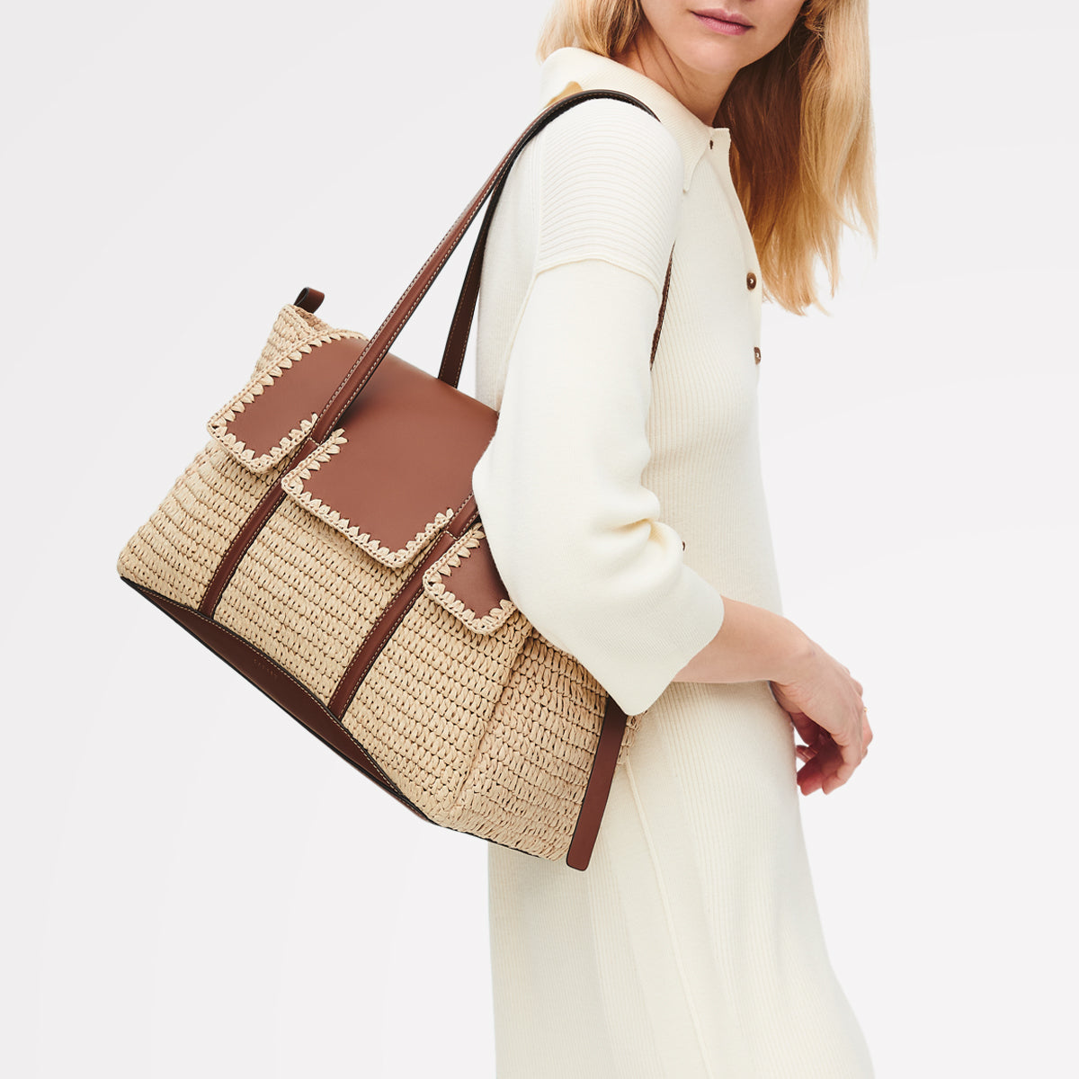 The Chancery - Raffia Medium Flapover Shoulder Natural - 113456
