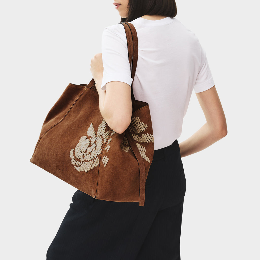 The Delphine - Floral Stitch Extra Large Open Top Tote Cognac - 113483