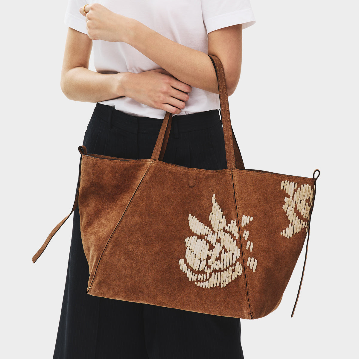 The Delphine - Floral Stitch Extra Large Open Top Tote Cognac - 113483