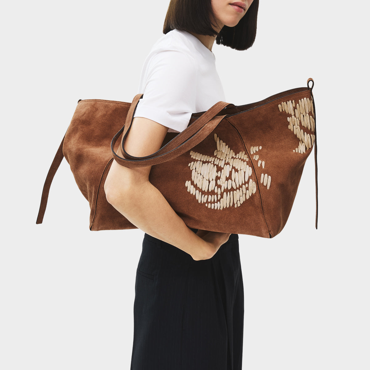 The Delphine - Floral Stitch Extra Large Open Top Tote Cognac - 113483