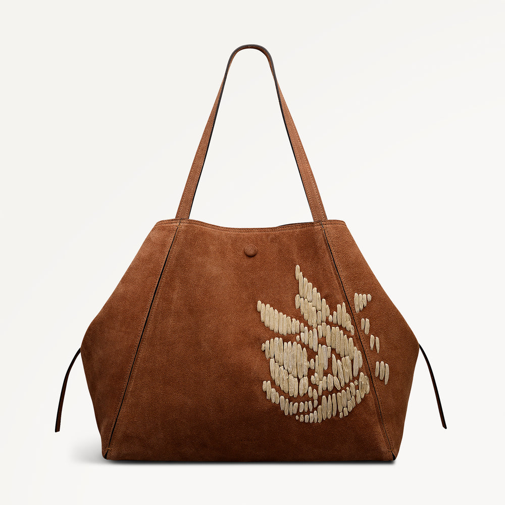 The Delphine - Floral Stitch Extra Large Open Top Tote Cognac - 113483