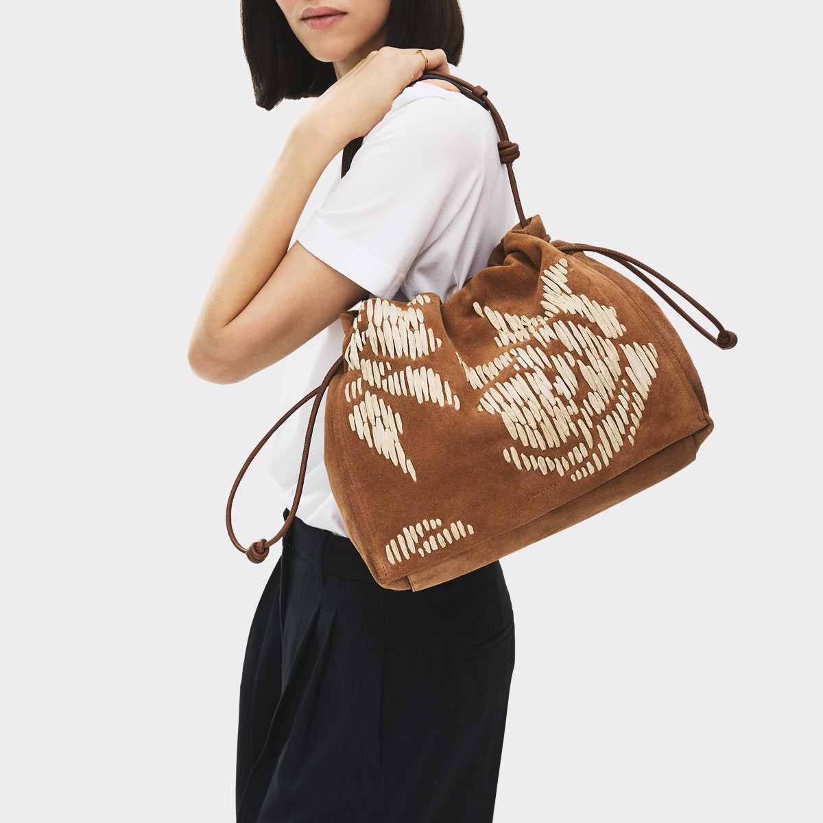The Roxburgh - Floral Stitch Large Drawstring Shoulder Cognac - 113484