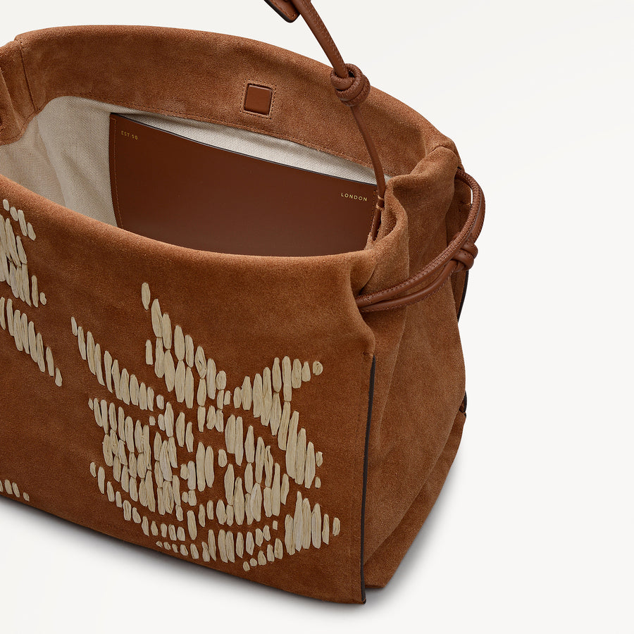 The Roxburgh - Floral Stitch Large Drawstring Shoulder Cognac - 113484