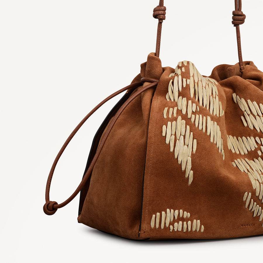 The Roxburgh - Floral Stitch Large Drawstring Shoulder Cognac - 113484