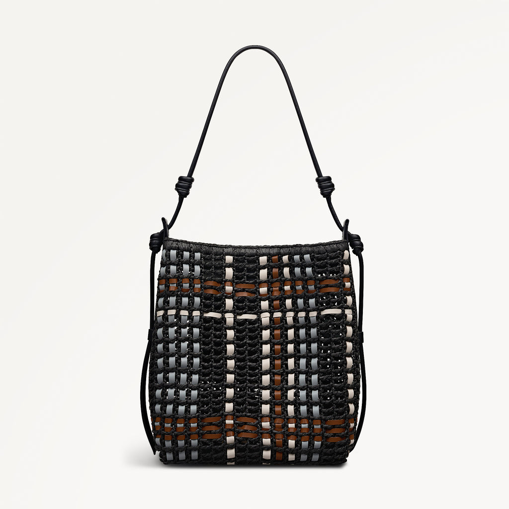 The Camden - Raffia Check Medium Open Top Shoulder Black - 113513