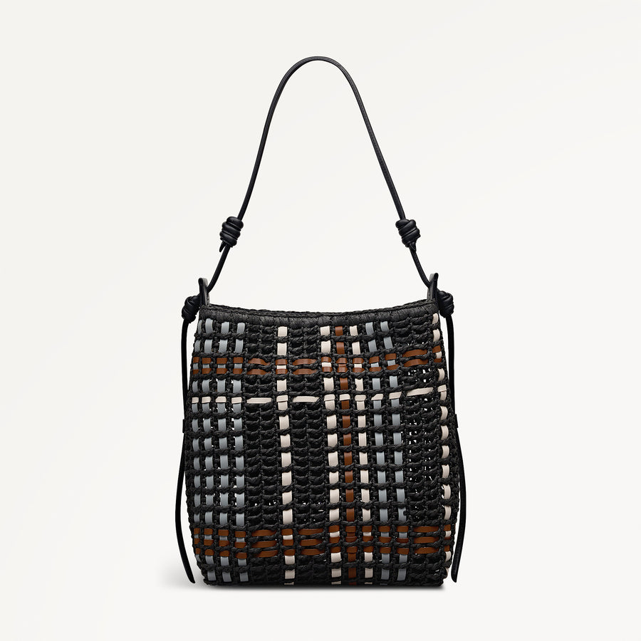 The Camden - Raffia Check Medium Open Top Shoulder Black - 113513