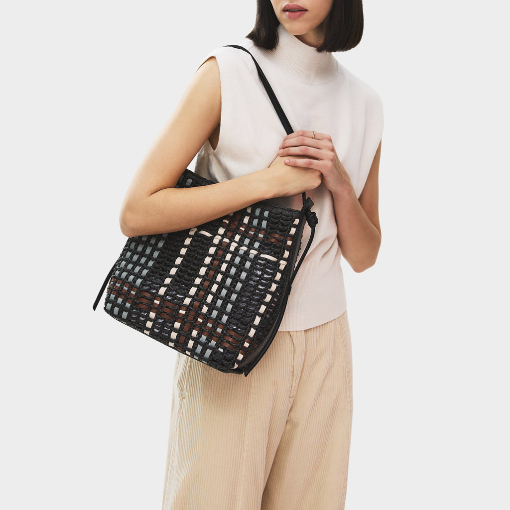The Camden - Raffia Check Medium Open Top Shoulder Black - 113513