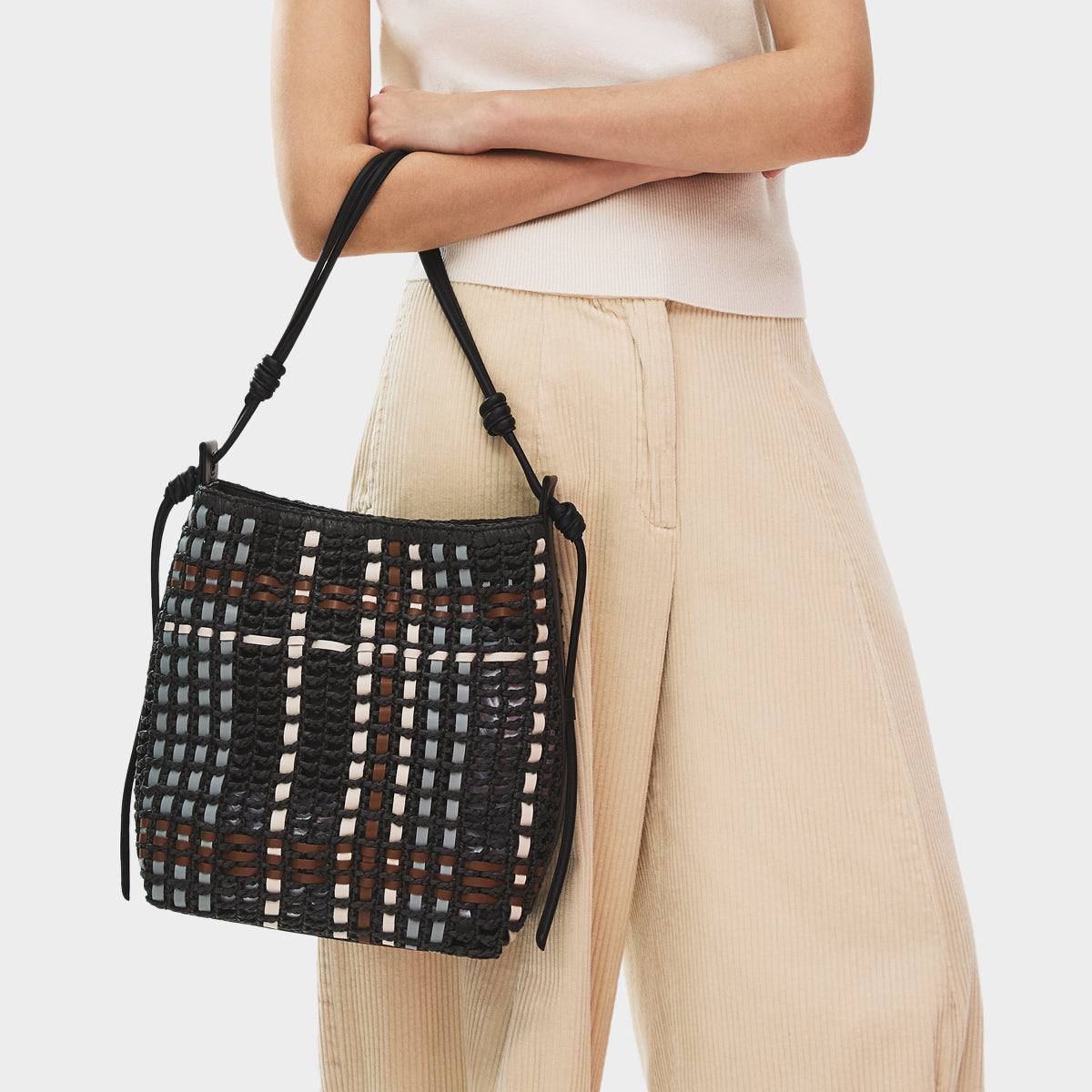 The Camden - Raffia Check Medium Open Top Shoulder Black - 113513