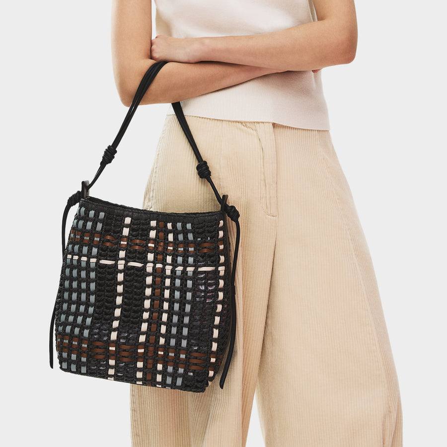 The Camden - Raffia Check Medium Open Top Shoulder Black - 113513