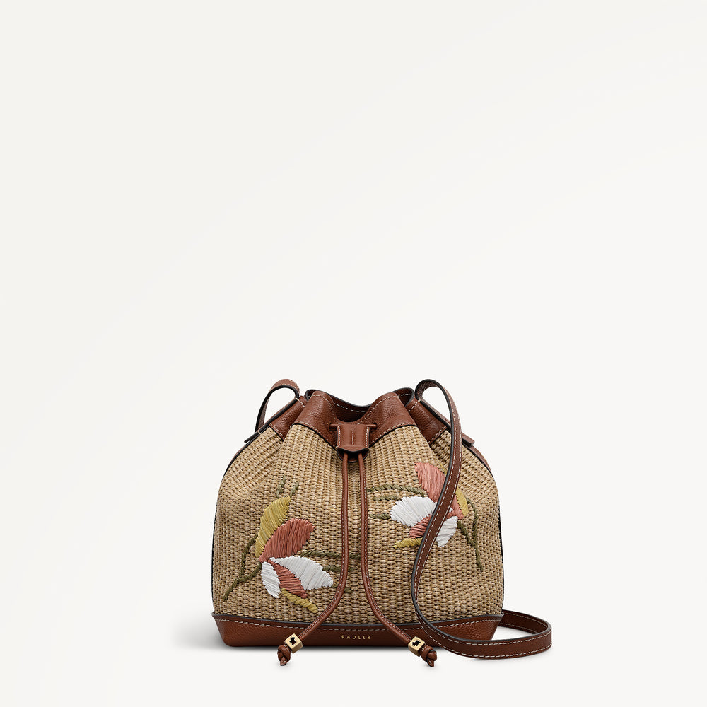 York Mews - Floral Raffia Medium Drawstring Cross Body Cognac - 113659