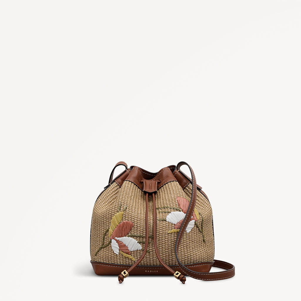 York Mews - Floral Raffia Medium Drawstring Cross Body Cognac - 113659