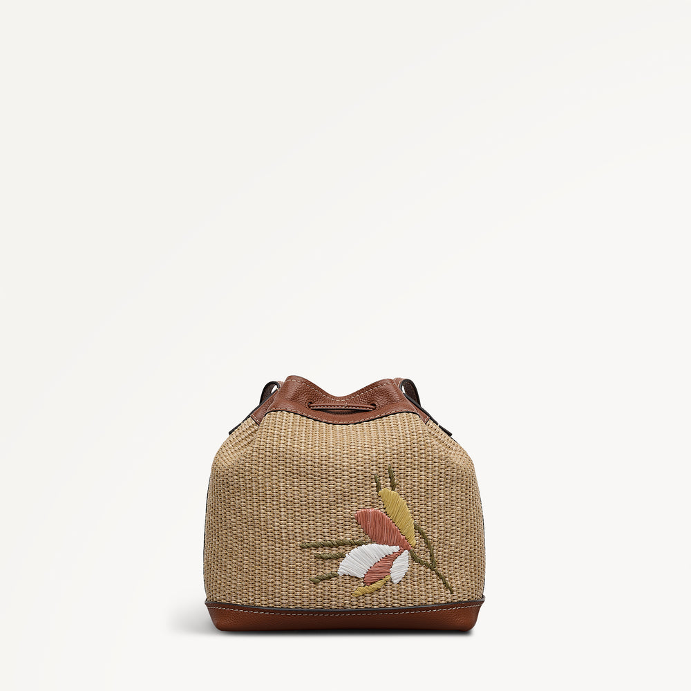 York Mews - Floral Raffia Medium Drawstring Cross Body Cognac - 113659