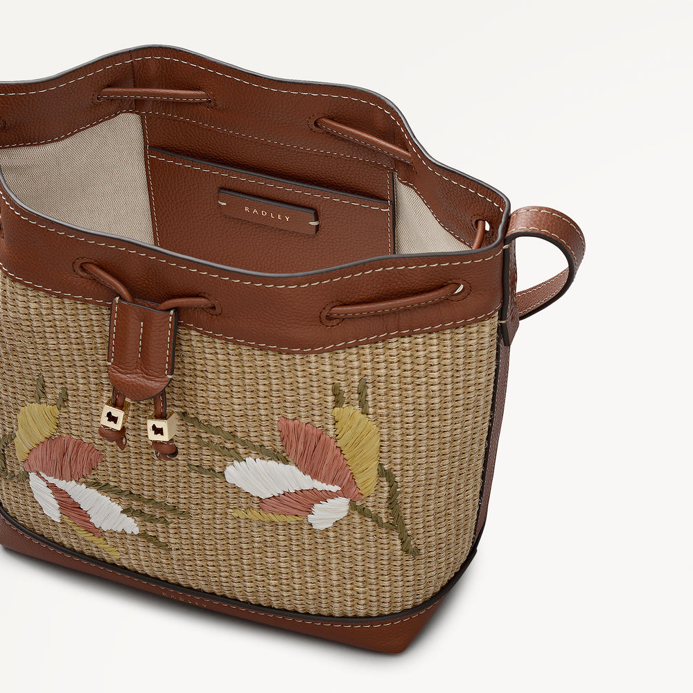 York Mews - Floral Raffia Medium Drawstring Cross Body Cognac - 113659