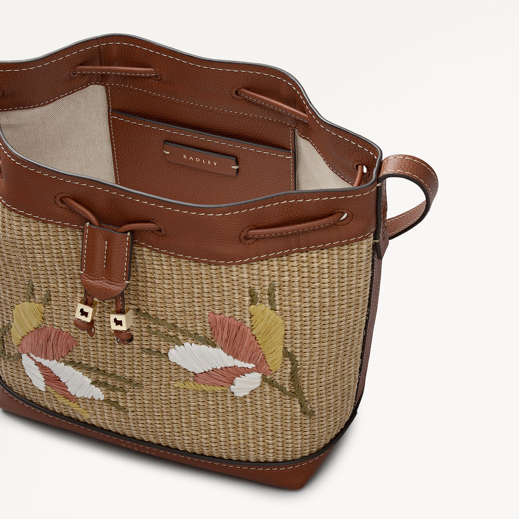 York Mews - Floral Raffia Medium Drawstring Cross Body Cognac - 113659