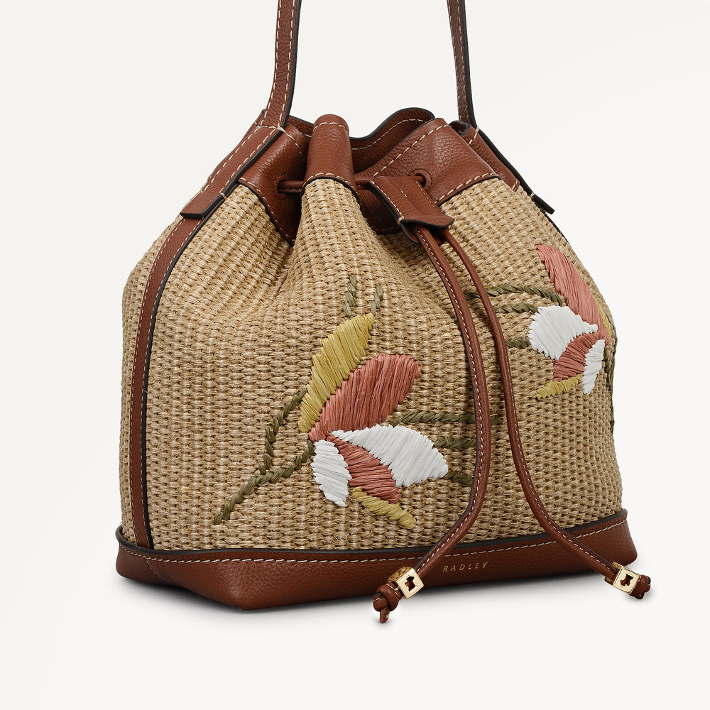 York Mews - Floral Raffia Medium Drawstring Cross Body Cognac - 113659