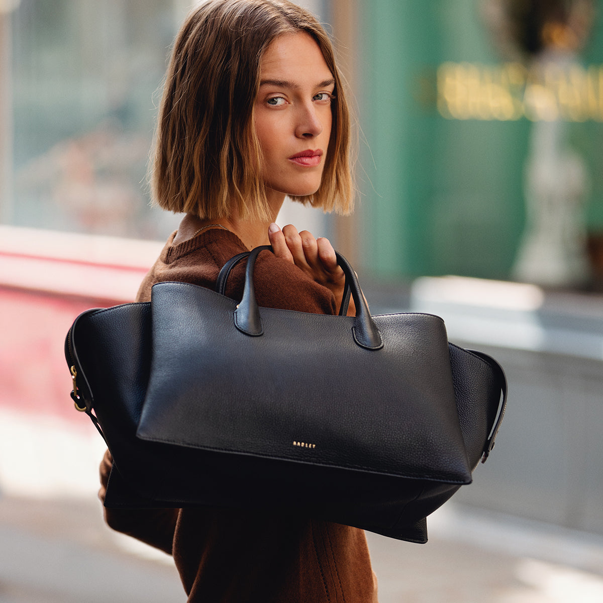 The Romilly Leather Large Ziptop Satchel Bag in Black - 112269
