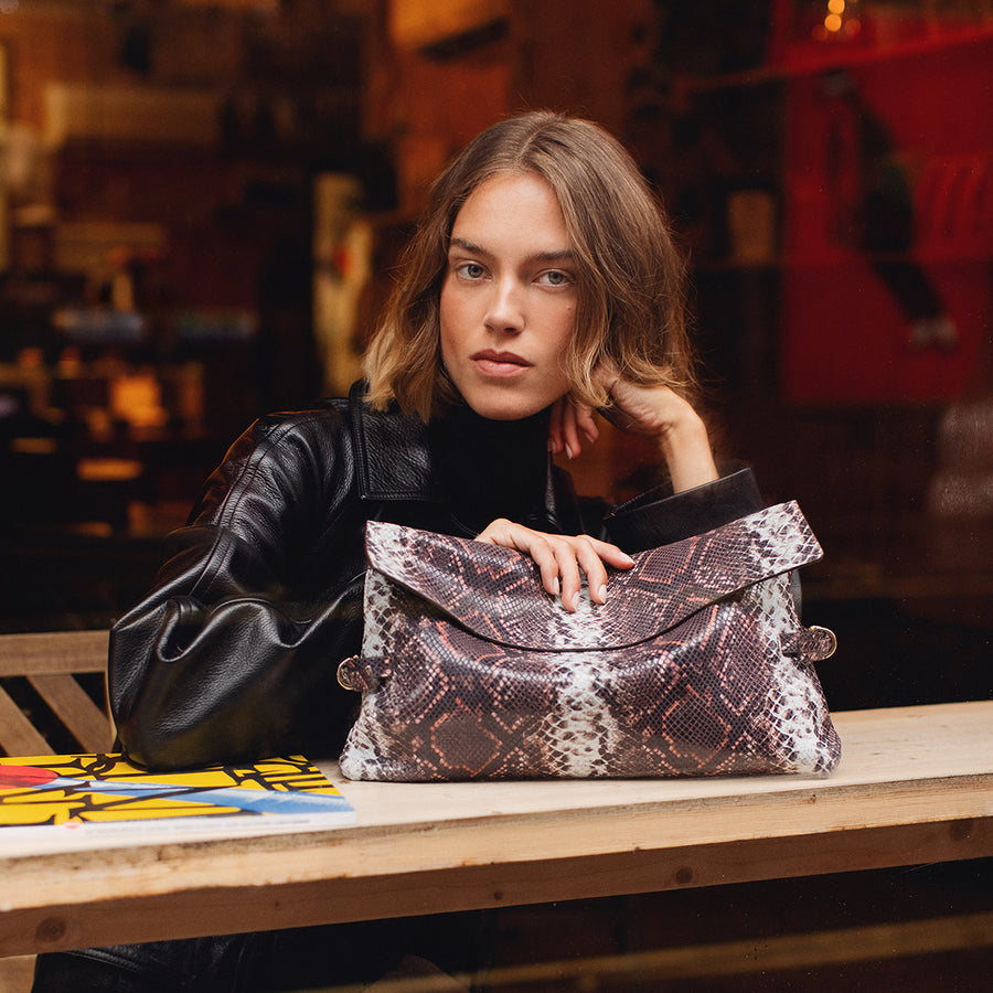 Fleet Street Leather Large Flapover Clutch Bag in Carmine - 112285