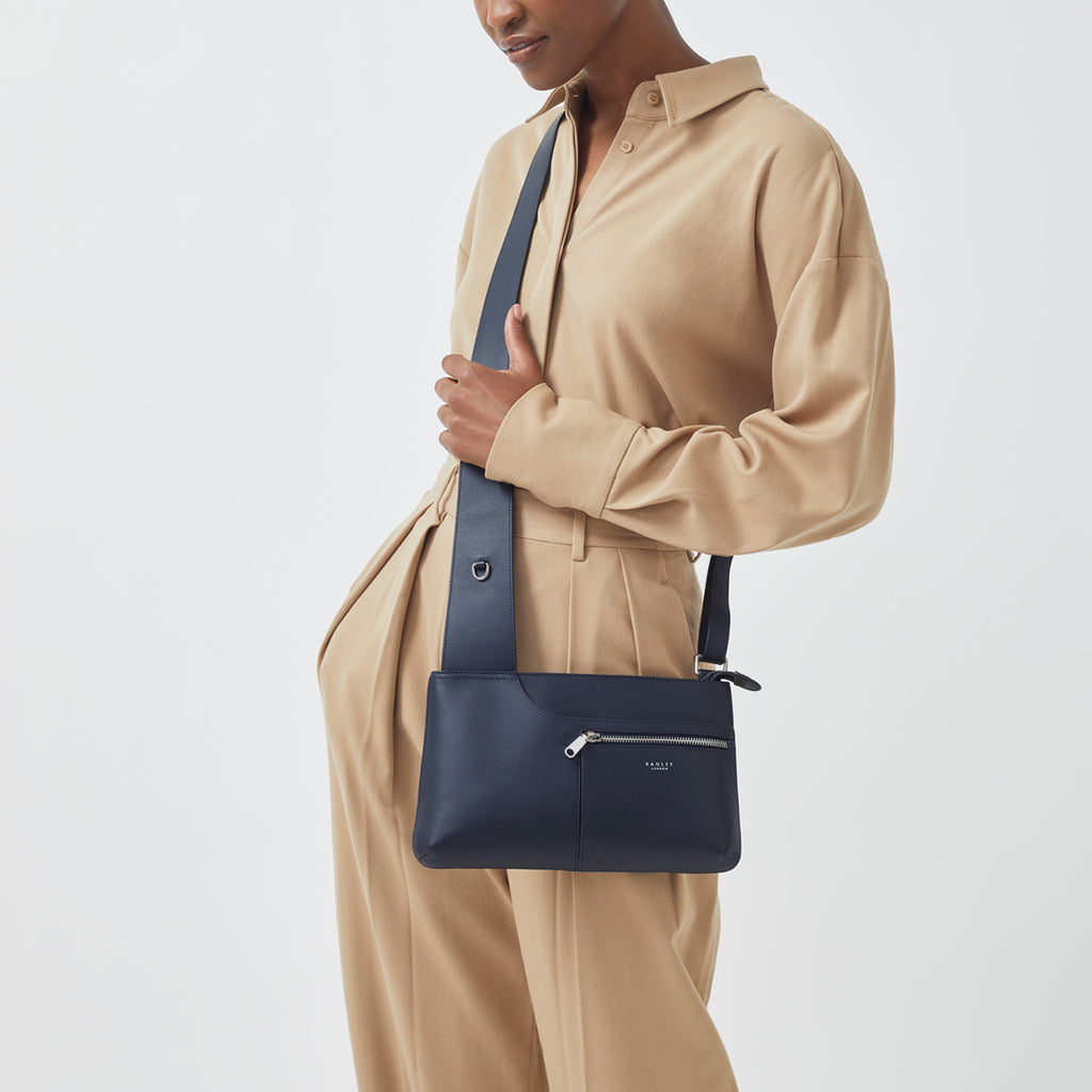 Pockets Leather Small Ziptop Crossbody Bag in Ink - H9294401