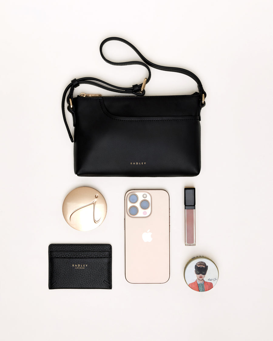 Pockets Leather Mini Ziptop EW Shoulder Bag in Black - 112144