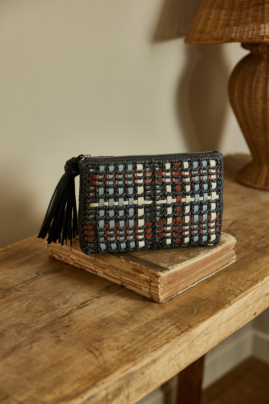 The Camden - Raffia Check Medium Ziptop Pouch Black - 113558