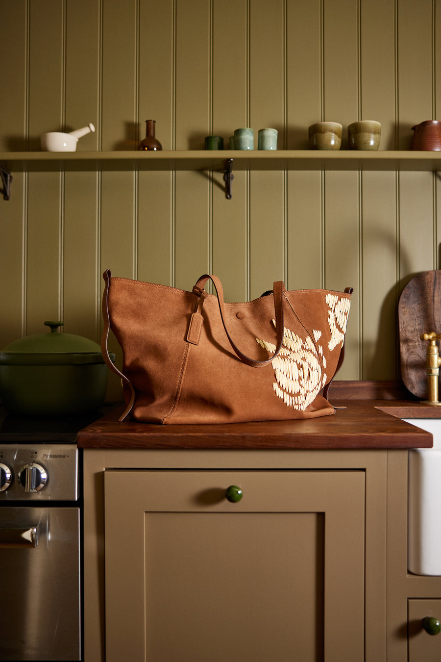 The Delphine - Floral Stitch Extra Large Open Top Tote Cognac - 113483