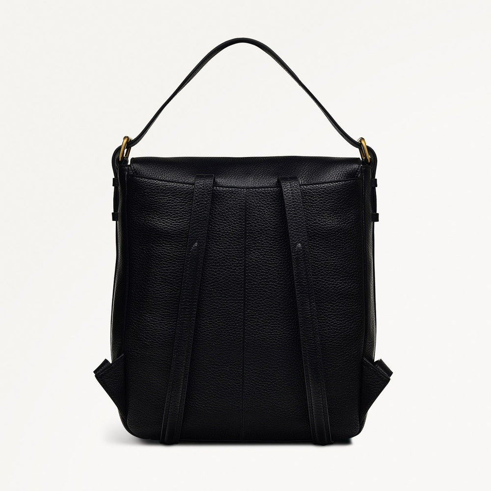 black leather flap over backpack Women's Black Leather Backpack | Grafton Street AW24