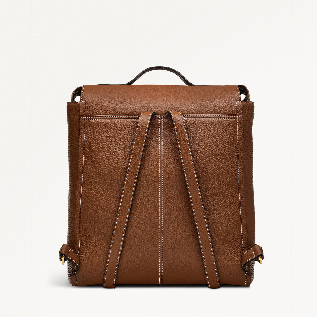 brown faux leather backpack top flap snap closure Saddle Brown Women's Backpack | Oak Street Collection AW24