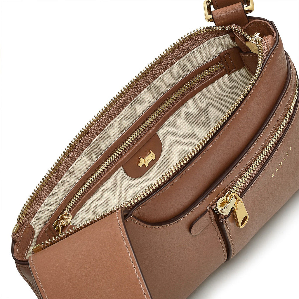 Pockets Leather Mini Ziptop Crossbody Bag in Saddle - H2044211