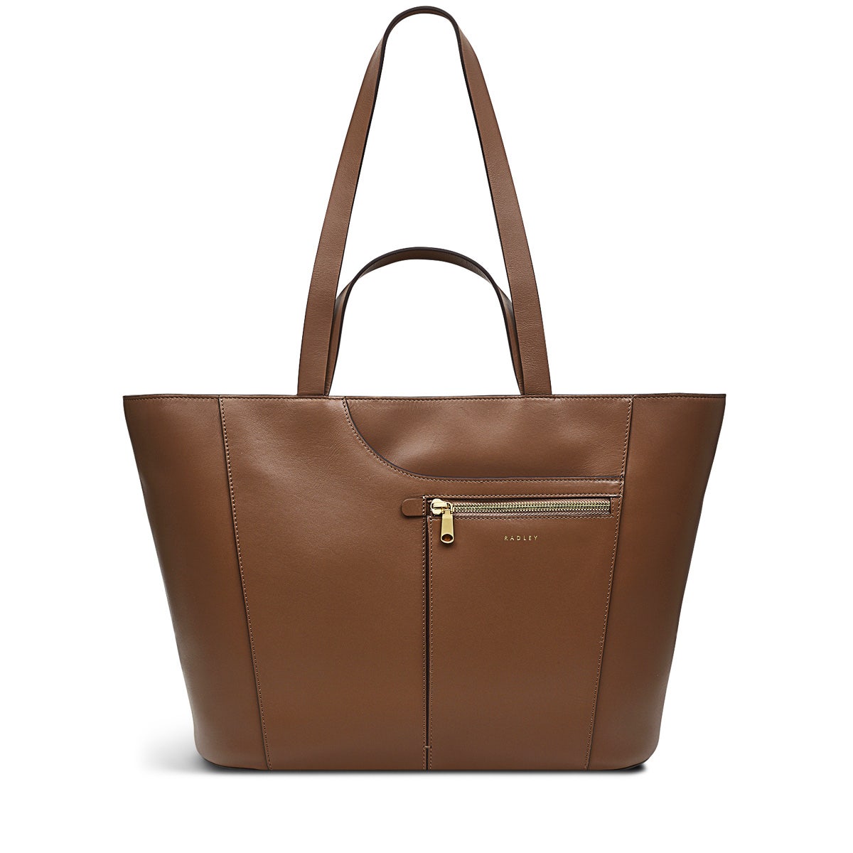 Pockets Leather Large Ziptop Tote Bag in Saddle - H2047211