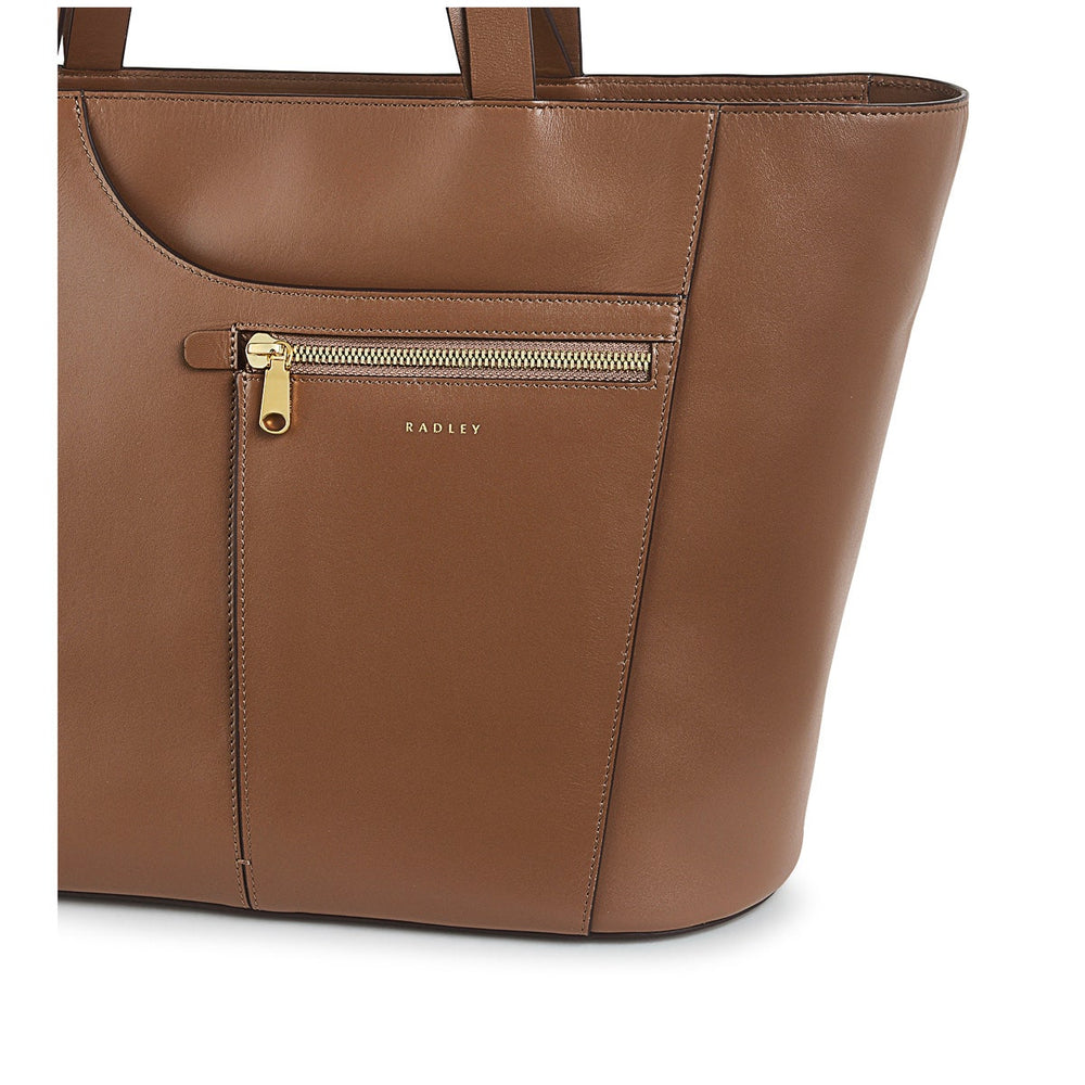 Pockets Leather Large Ziptop Tote Bag in Saddle - H2047211